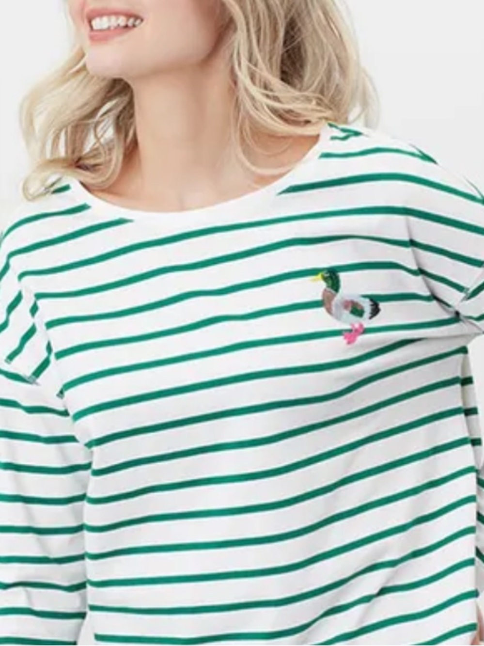 Joules White and Green Stripe Duck Marina Long Sleeved Tee